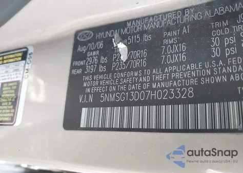 2007 Hyundai Santa Fe Gls из США, поврежденный, VIN 5NMSG13D07H023328